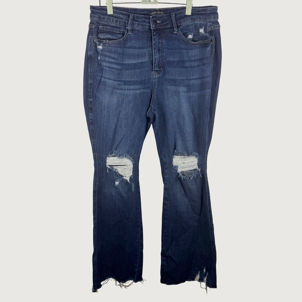 Judy Blue Flare Jeans Womens 16W Dark Wash Distressed Ripped Raw Hem JB88739